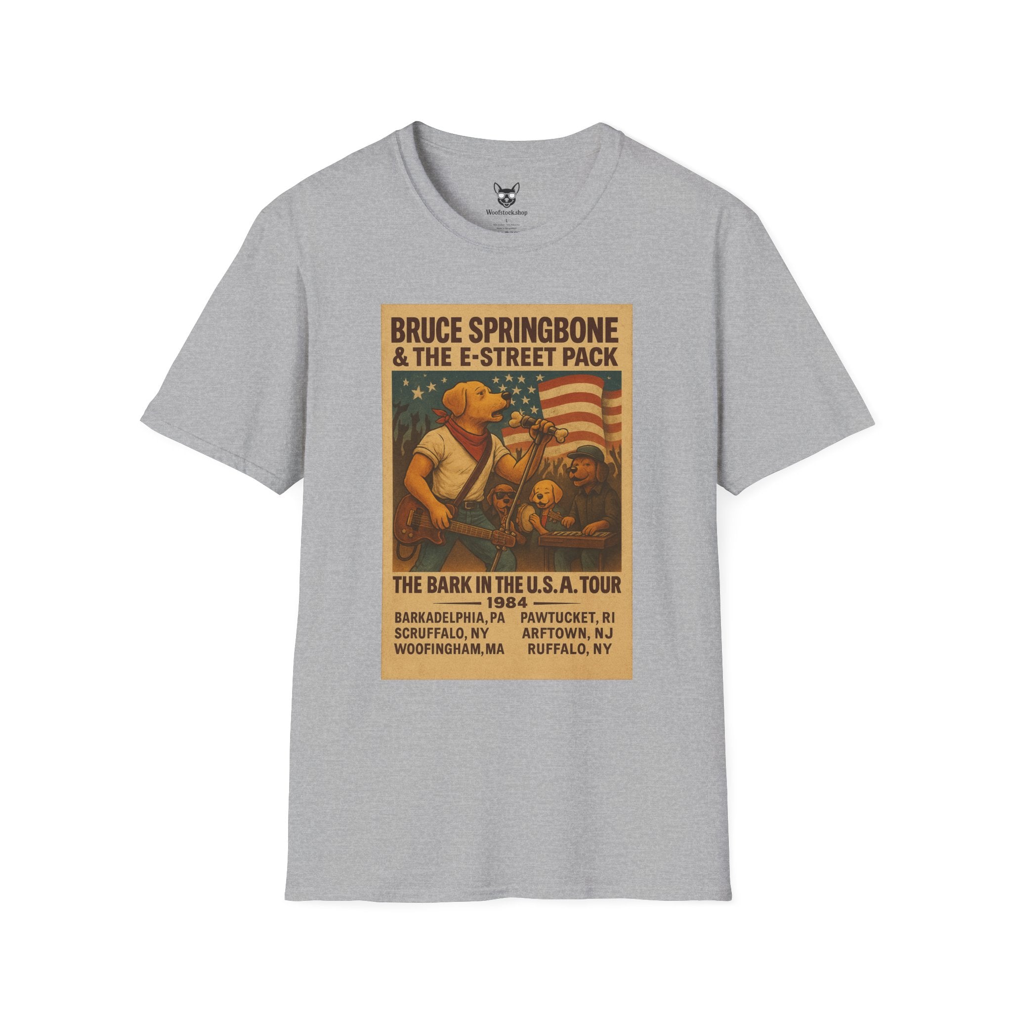 Bruce Springsteen Concert Poster Dog Parody Unisex Softstyle T-Shirt -- Funny Rock Tee for Music and Dog Lovers